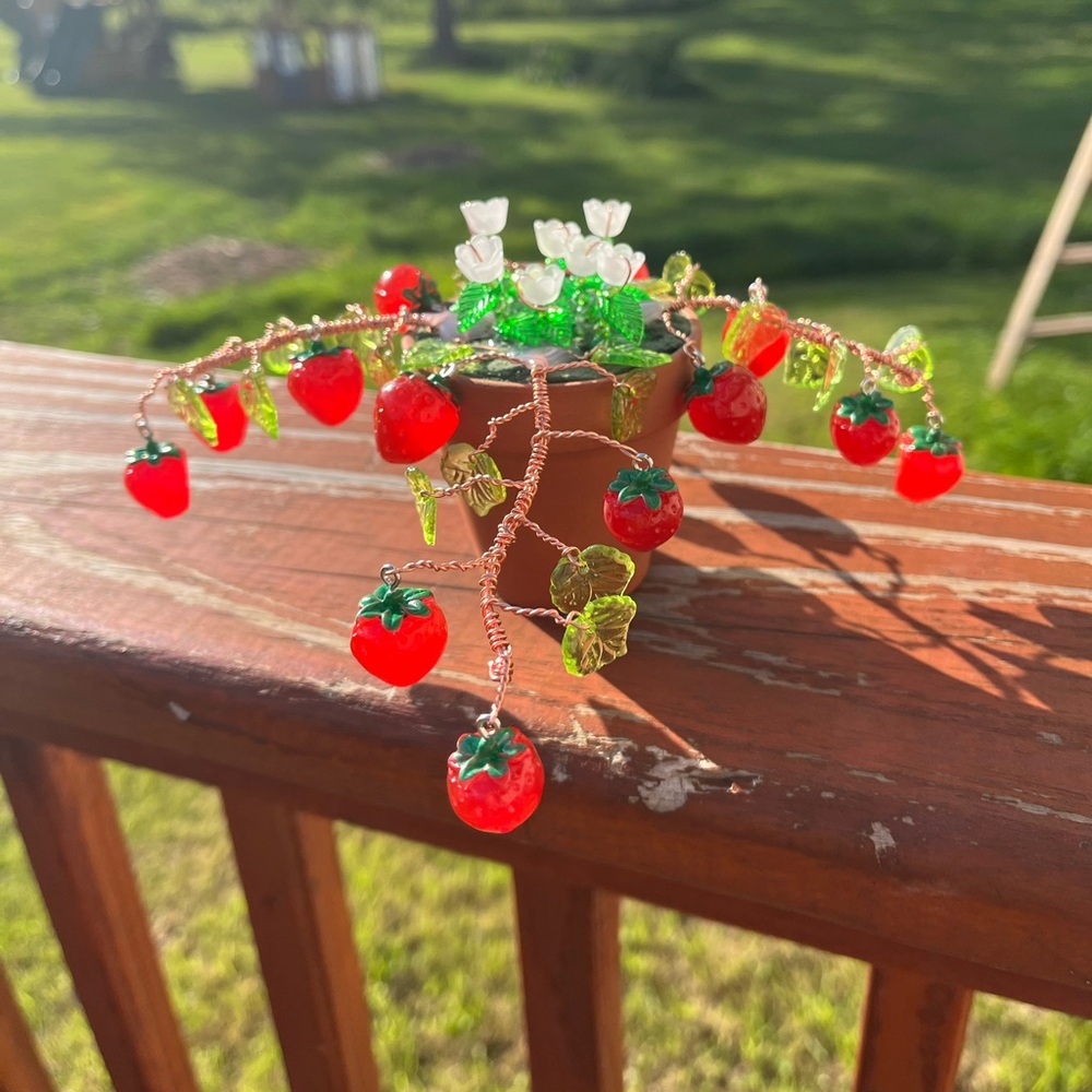 Handcrafted Strawberry Beaded Plant Decor